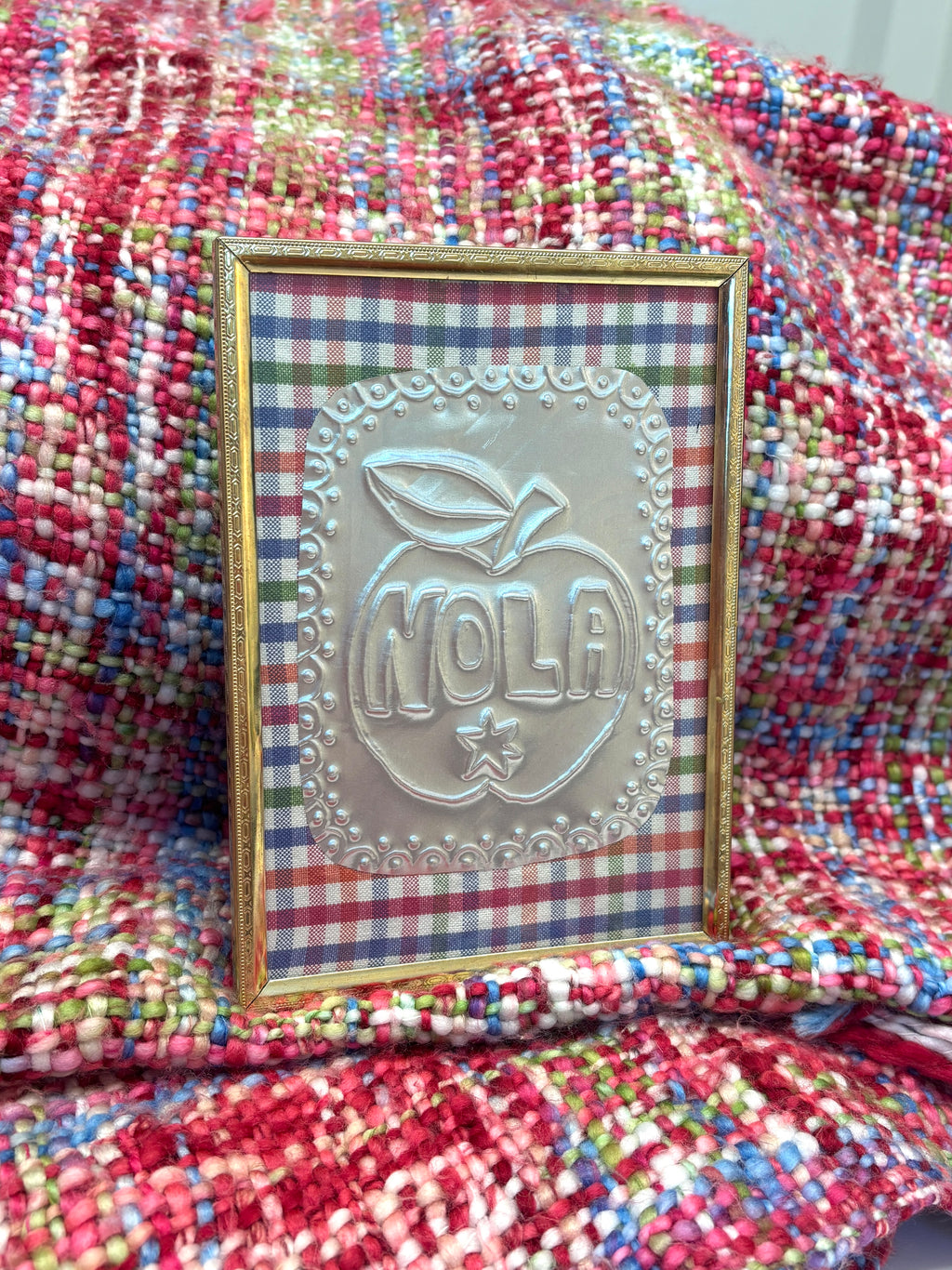 Nola Apple Tin - Rainbow Plaid Gold Frame